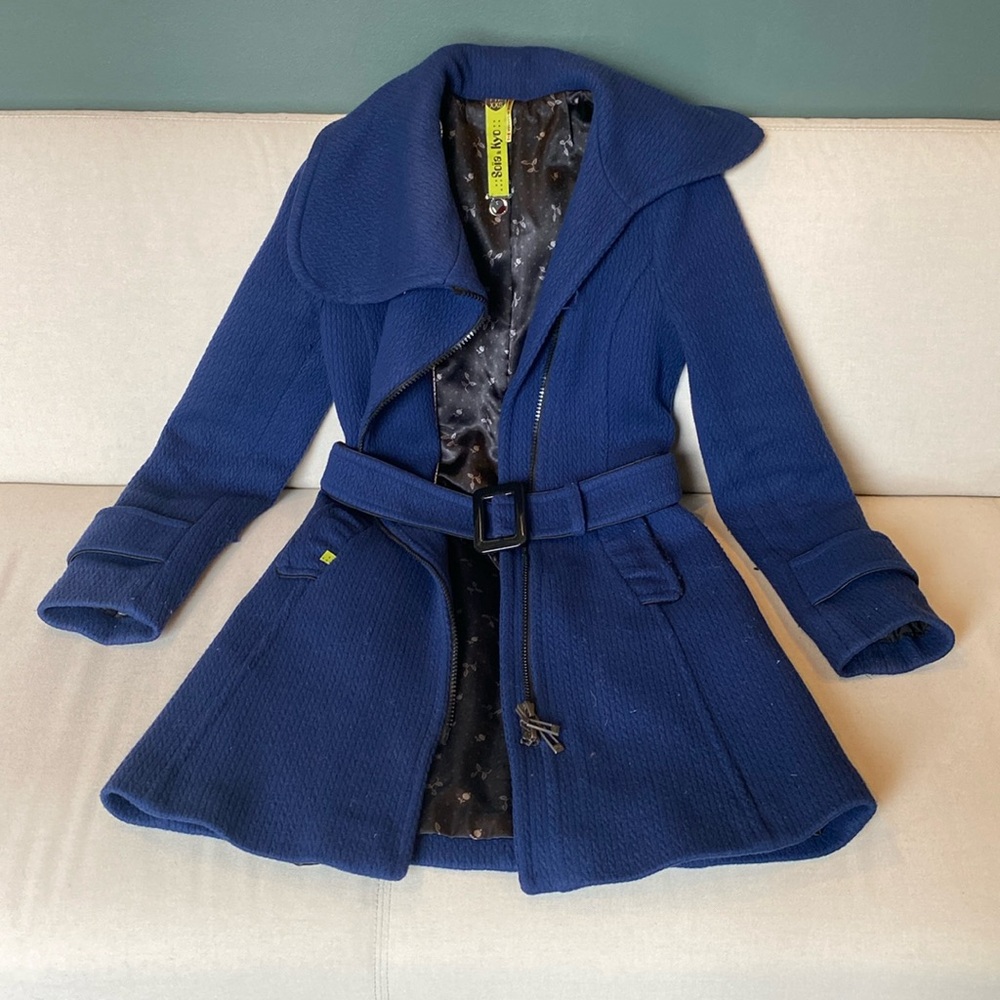 Navy Wool Blend Coat with Waist Belt